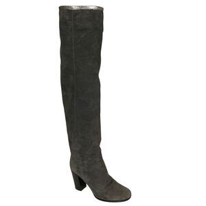 Chanel Interlocking C Grey Suede Fold Over Metallic Thigh Knee High Boots EU 38